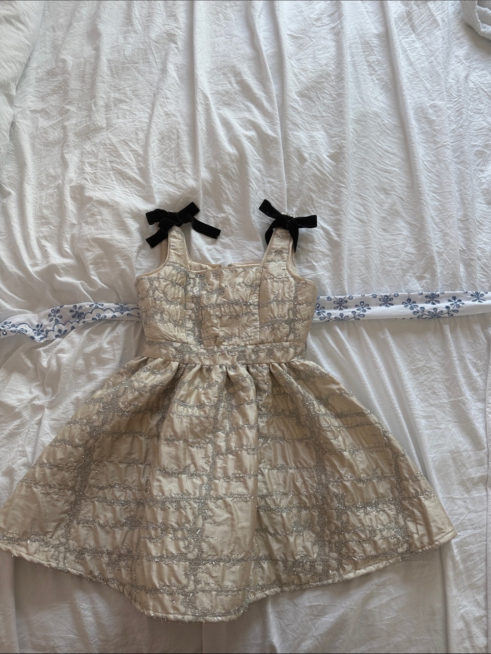Sparkle Tulle-Overlay Girls Dress with Black Bow Straps - Cream